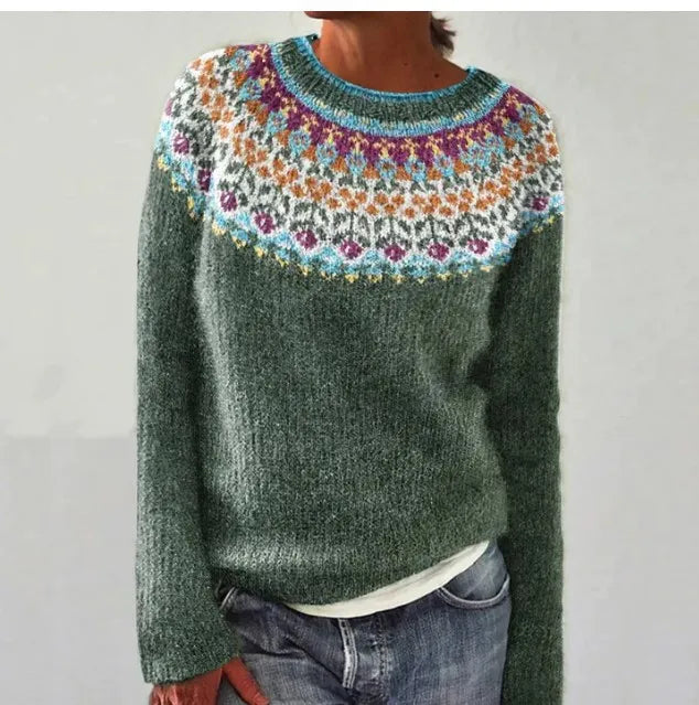 Women's grey Fair Isle pattern sweater with long sleeves