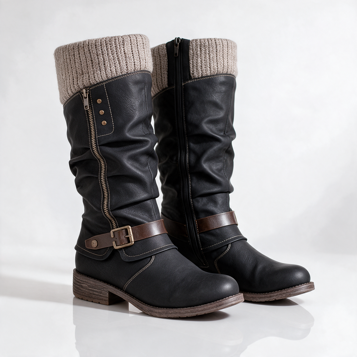 Women's slouch knee-high boots with buckle straps and low block heels