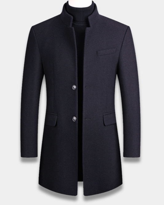 Men's long structured coat with mandarin collar, button front and flap pockets