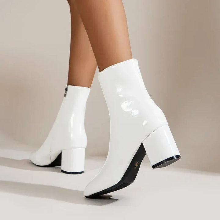Women's glossy ankle boots with square toe and block heel