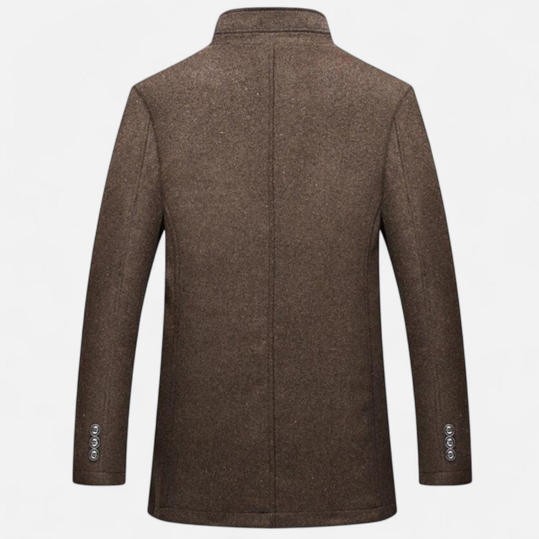 Men's long overcoat with raised collar and button front