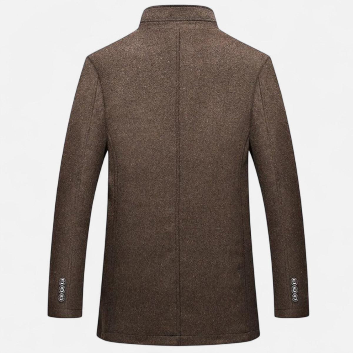 Men's long overcoat with raised collar and button front