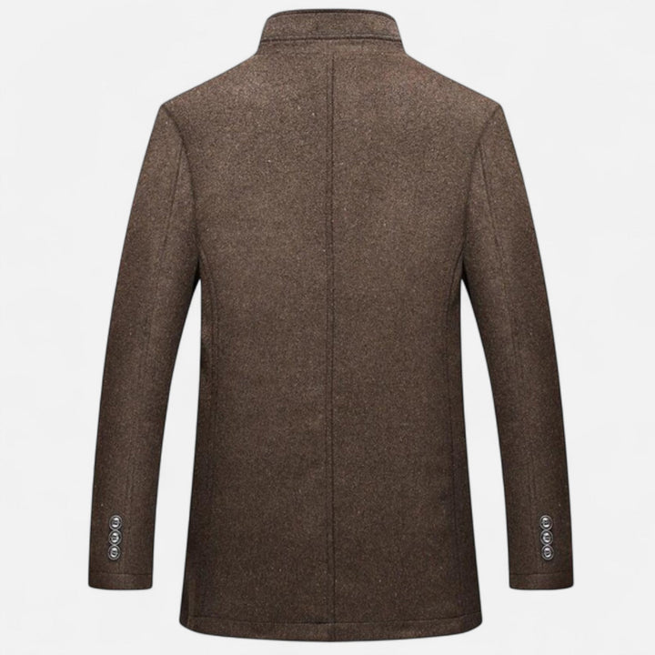 Men's long overcoat with raised collar and button front