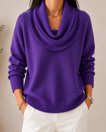 Women's knit sweater with draped cowl neckline, long sleeves and ribbed trims