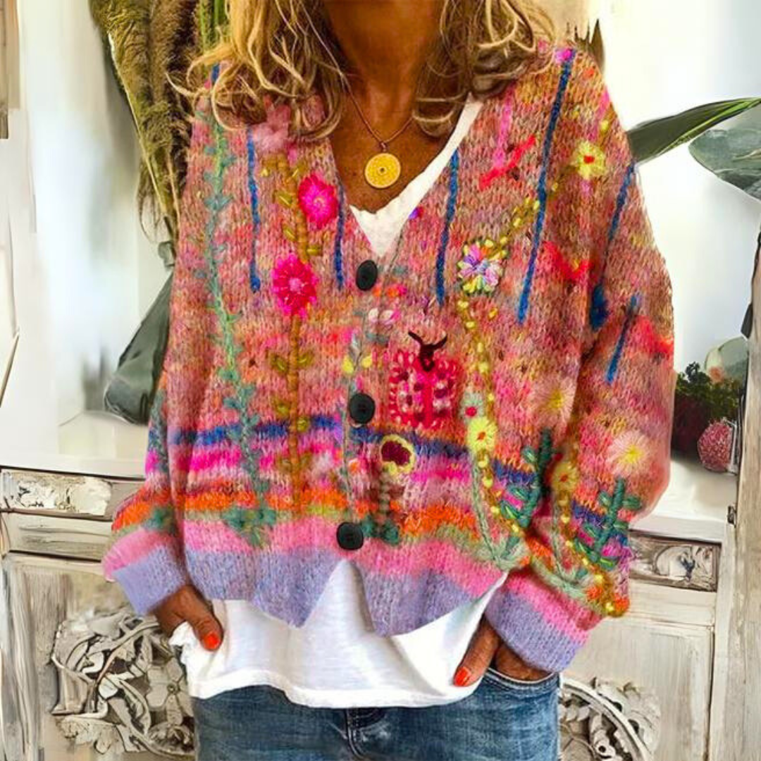 Women's multicolour striped cardigan with floral embroidery and button front