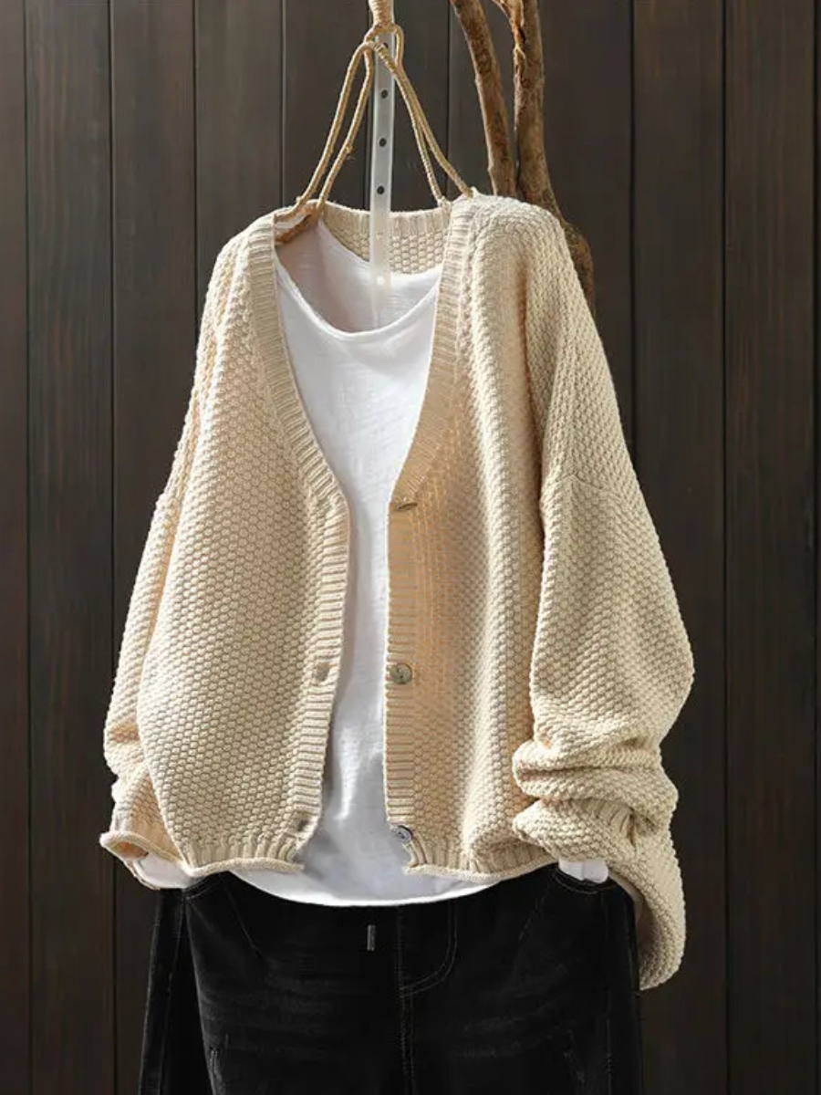 Women's textured knit cardigan with V-neck, button front and long sleeves