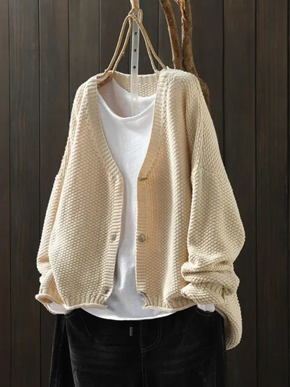 Women's textured knit cardigan with V-neck, button front and long sleeves
