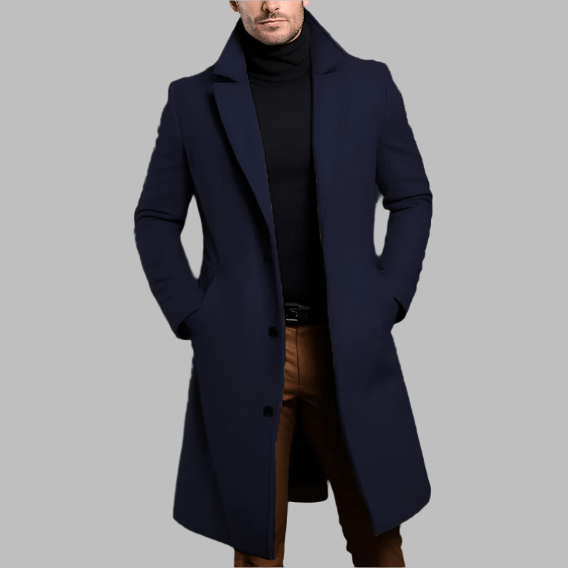 Men's long button-front overcoat with notched lapels and side pockets