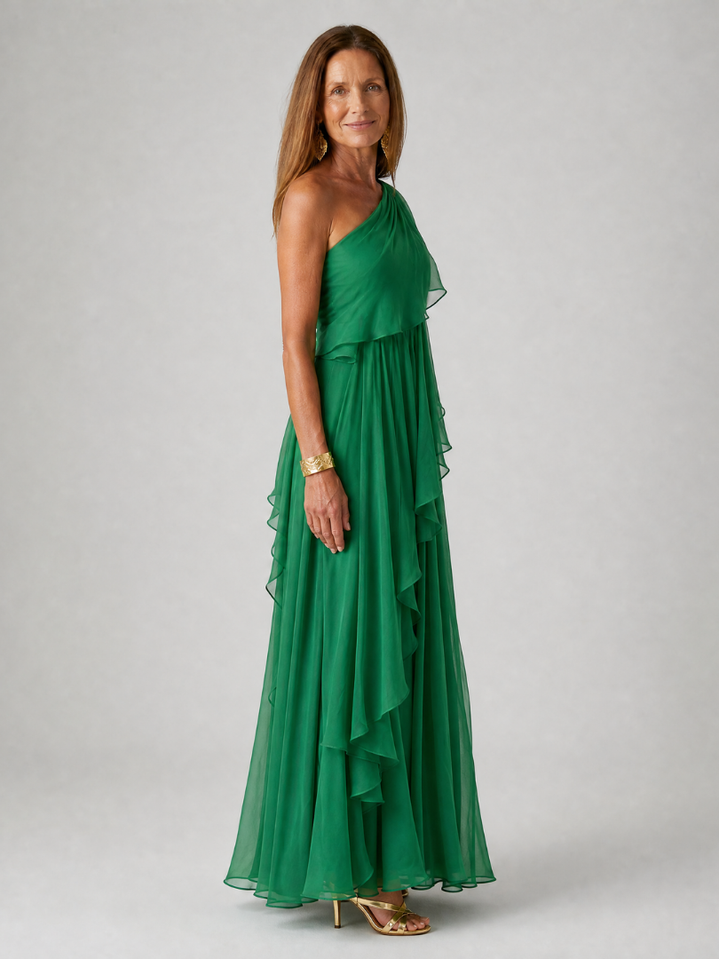 Women's One-Shoulder Maxi Dress — Cascading Ruffle Flowing Lightweight Summer Dress