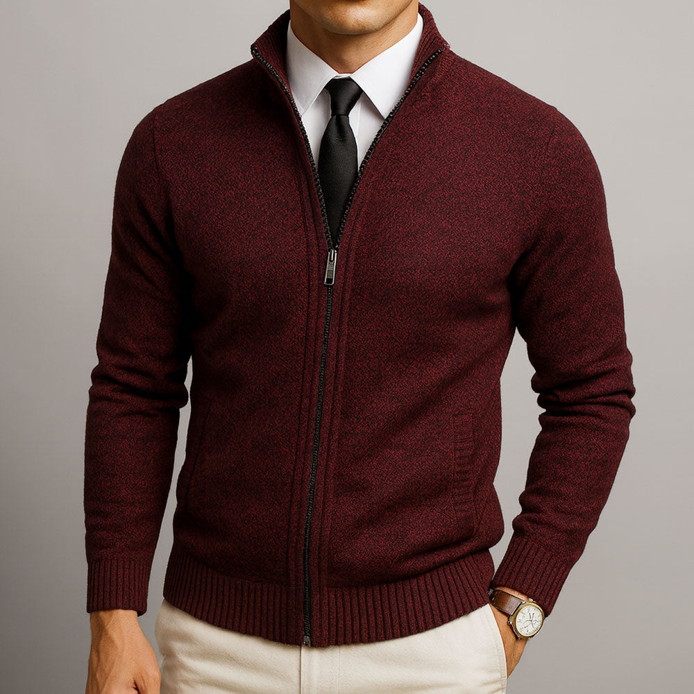 Men's textured zip sweater with mock neck, ribbed trims and front pockets