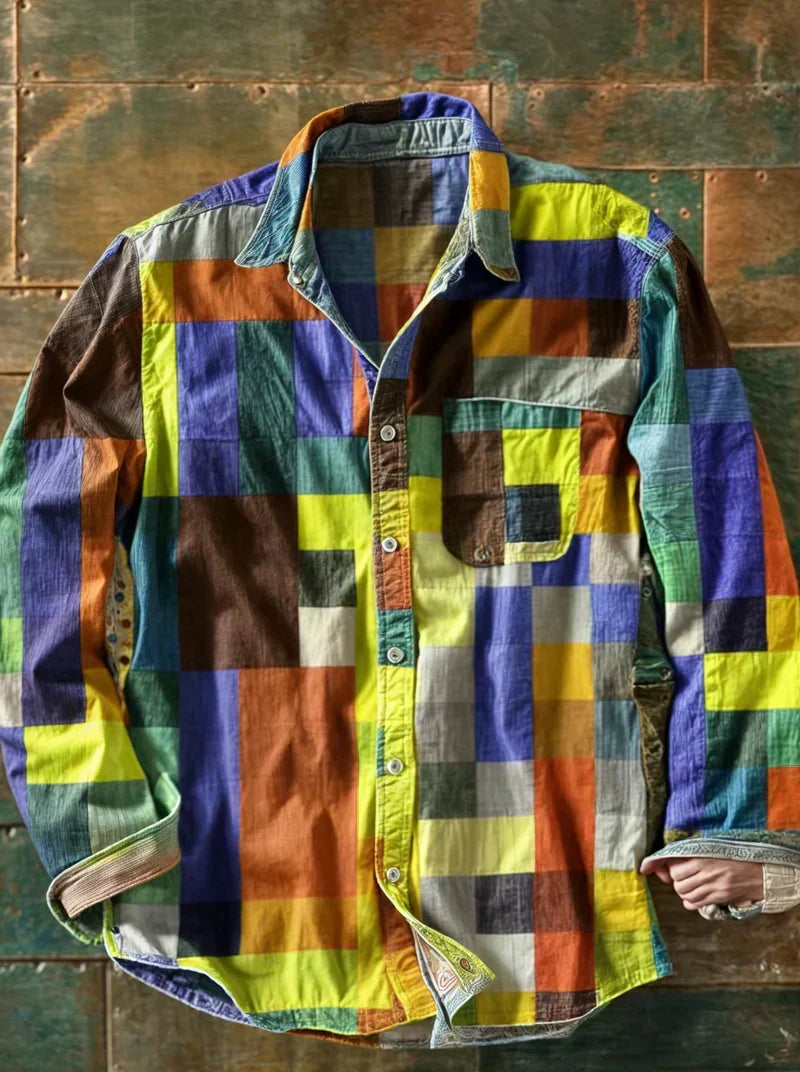 Men's multicolor plaid long-sleeve button-up shirt with chest pocket and curved hem
