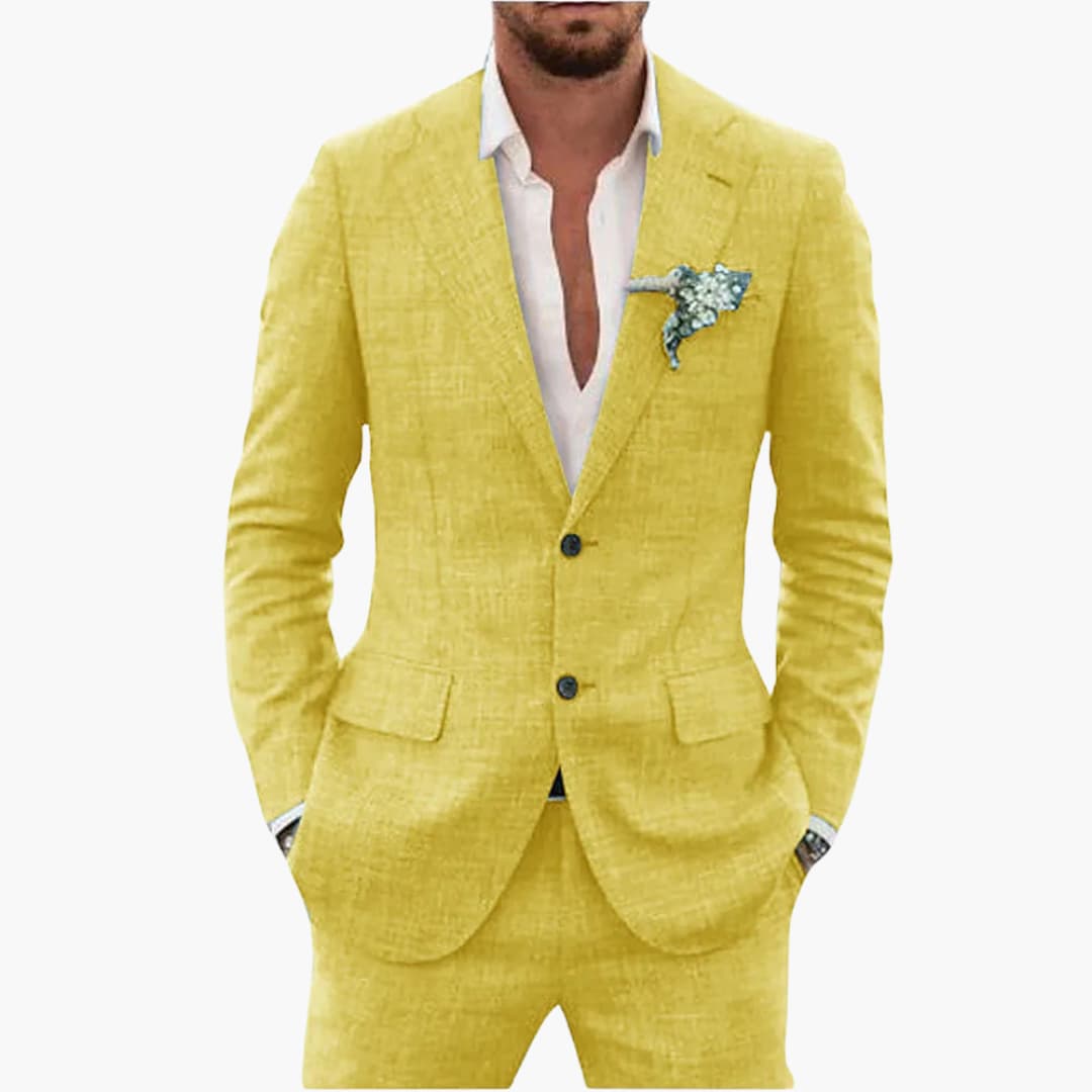 Men's Linen Suit Set – Two-Piece Button Blazer & Trousers Summer Holiday Suit 14