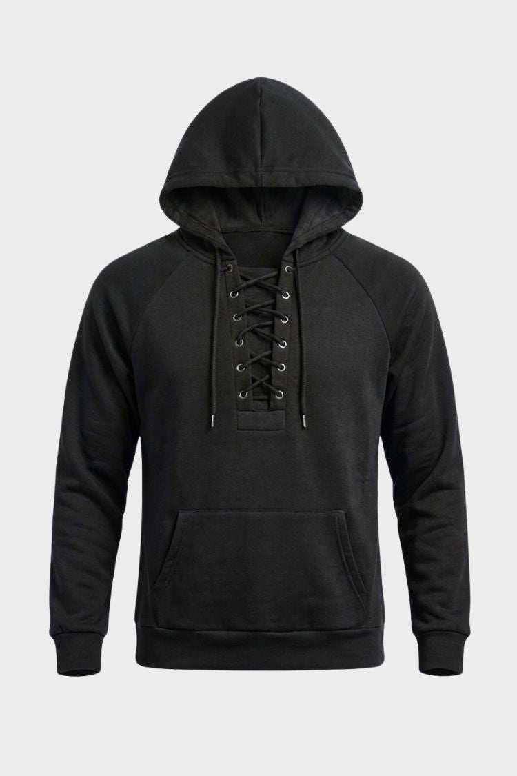Men's hooded sweatshirt with lace-up front, long sleeves and kangaroo pocket