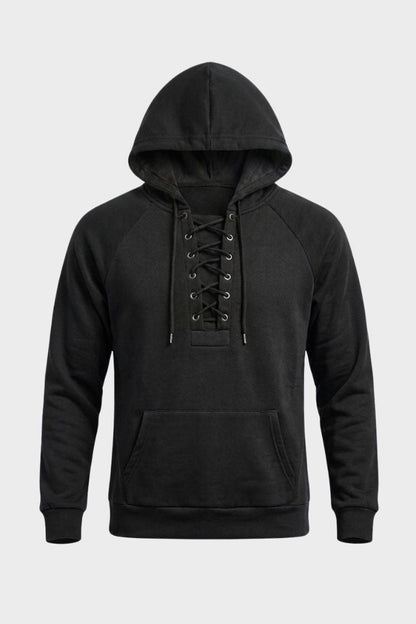 Men's hooded sweatshirt with lace-up front, long sleeves and kangaroo pocket