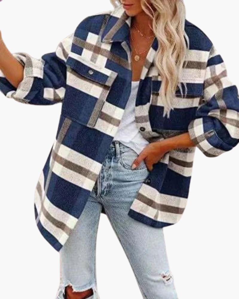 Women's oversized checked plaid jacket with pointed collar and button front