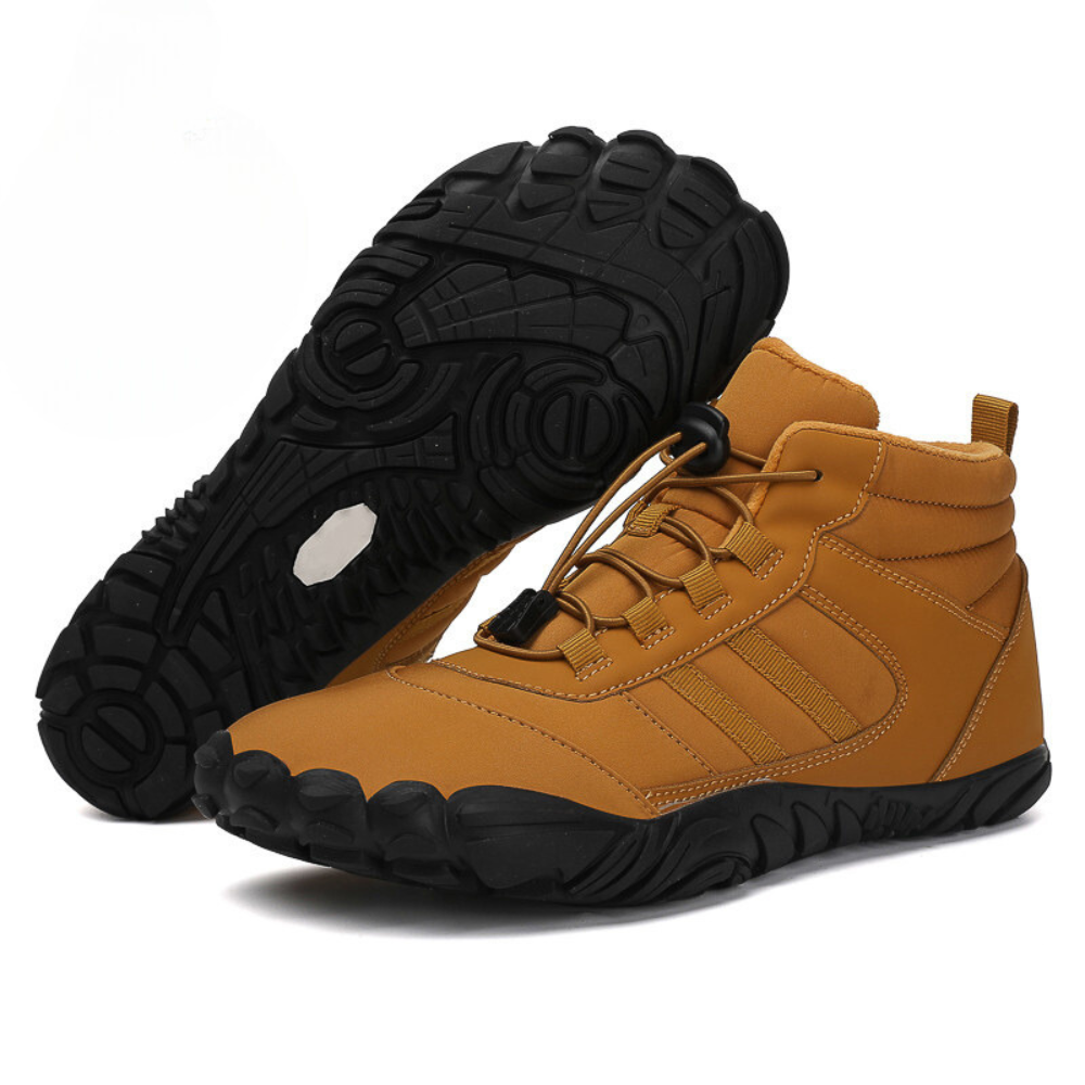 Fleece-lined barefoot ankle boots with lace-up fronts and rugged flat soles