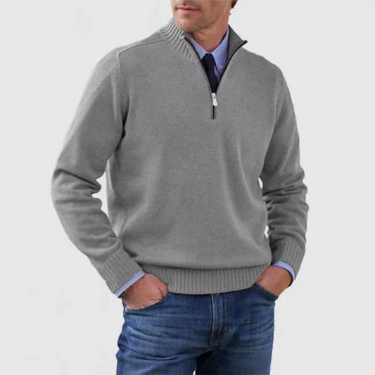 Men's half-zip mock neck sweater with long sleeves and ribbed trims