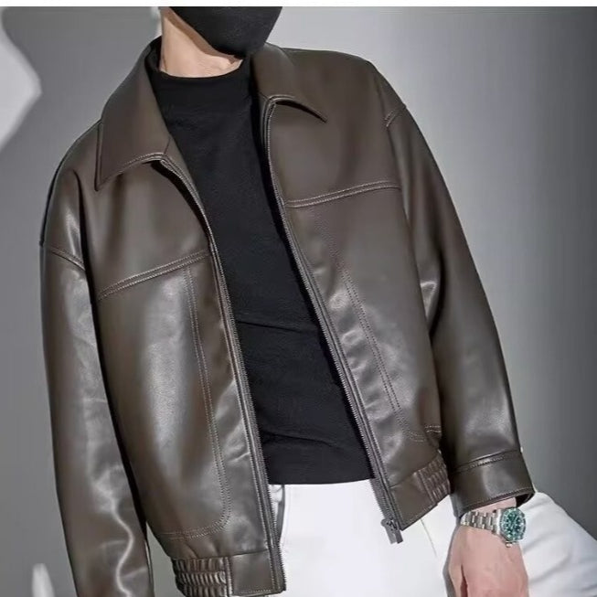 Men's zip front jacket with pointed collar and long sleeves