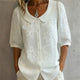Women's Floral Embroidered Blouse — Collared Button-Front Three-Quarter Sleeve Blouse