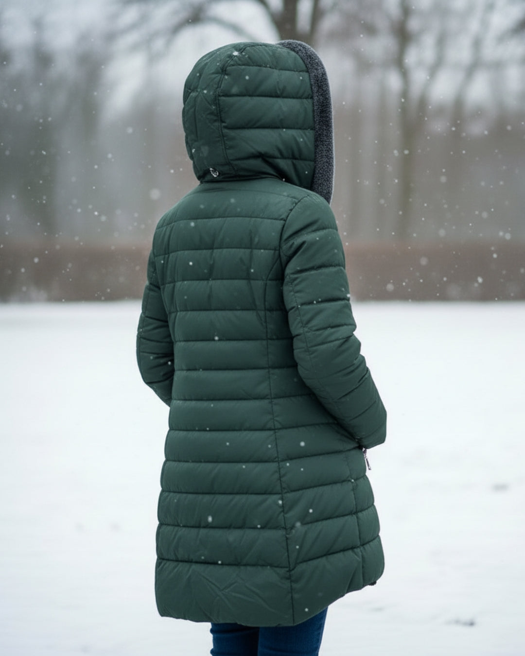 Women's long quilted puffer coat with hood and full front zipper