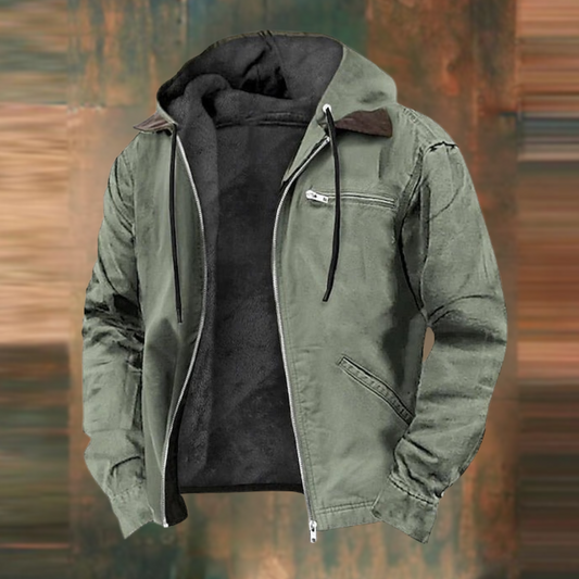 Men's hooded zip jacket with long sleeves and multiple pockets