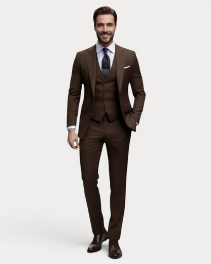 Men's three-piece suit with notched lapels, buttoned waistcoat and tailored trousers