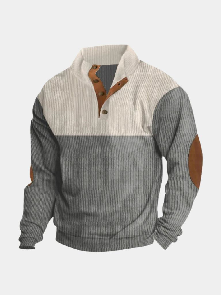 Men's two-tone high-collar corduroy pullover with elbow patches