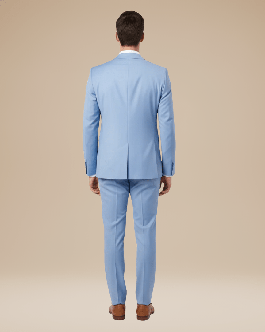 Men's two-piece suit with notched lapels and slim trousers