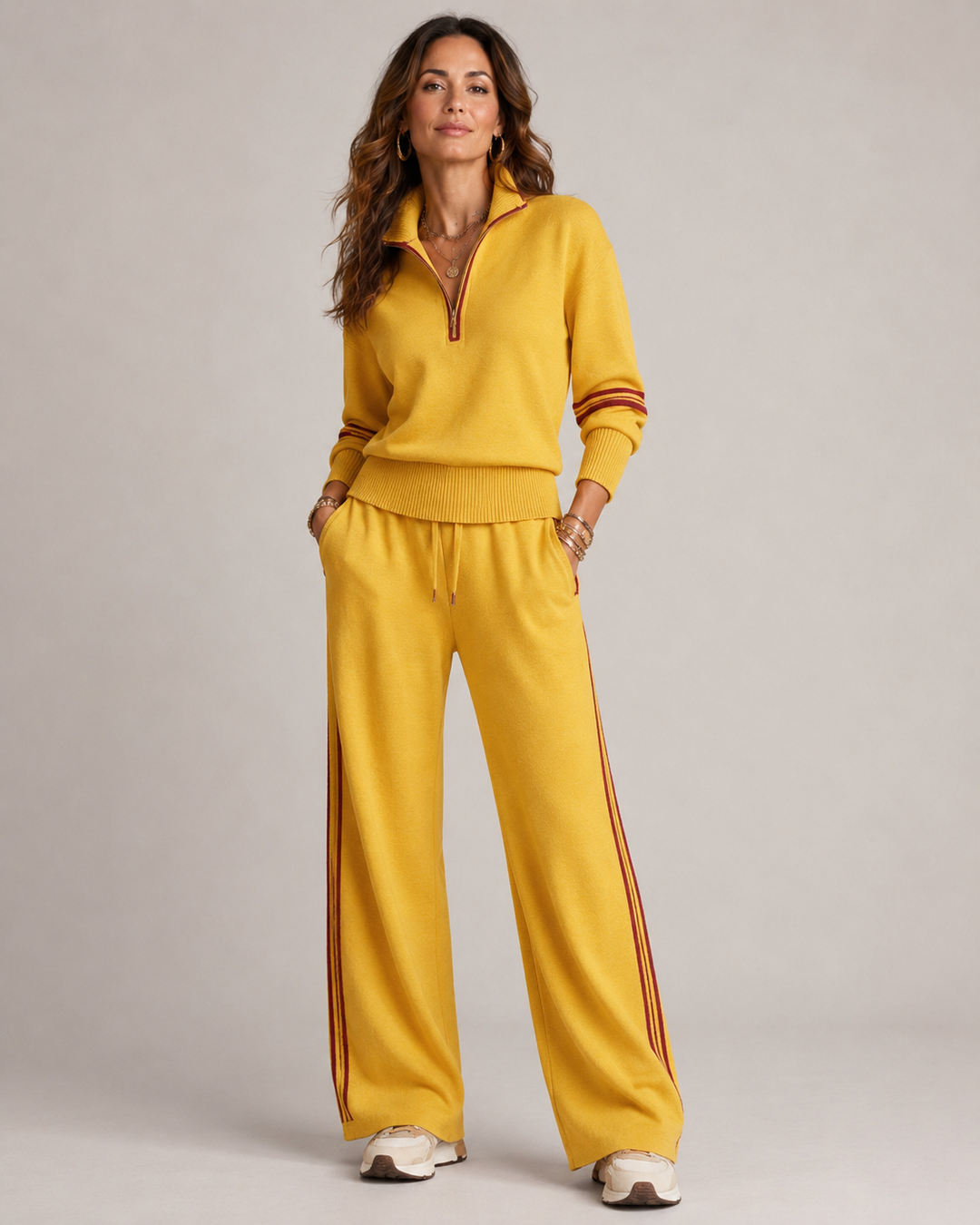 Women's zip sweater and wide-leg trouser set with contrast side stripes