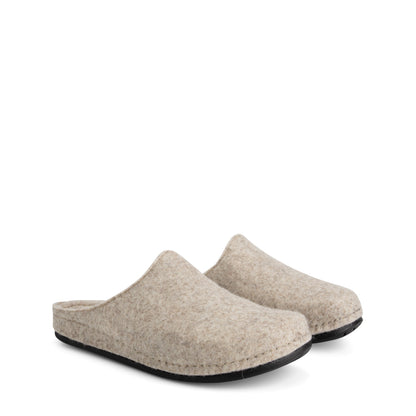 Beige open-back slip-on house slippers with rounded toes and black flat soles