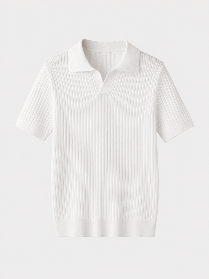 Ribbed knit polo shirt with short sleeves and spread collar