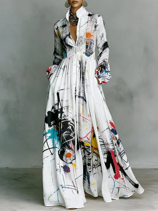 Women's white abstract print maxi shirt dress with stand collar