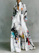 Women's white abstract print maxi shirt dress with stand collar