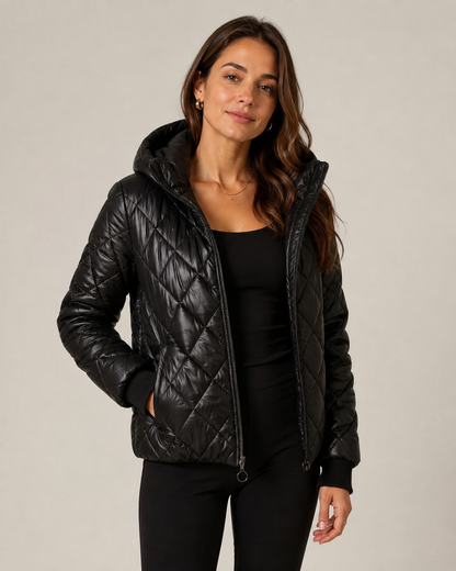 Women's quilted hooded jacket with long sleeves and zip fastening