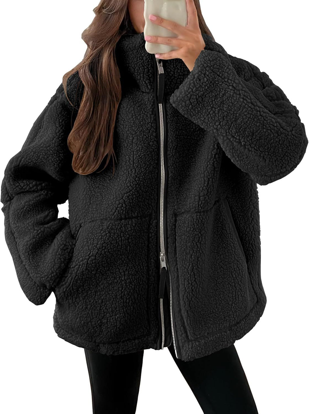 Women's textured teddy fleece zip-up coat with stand collar and front pockets