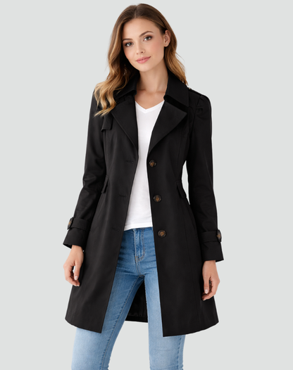 Women's slim fit trench coat with lapel collar, buttons, waist pockets and cuff straps