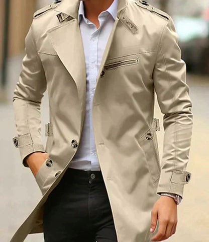 Men's long double-breasted trench coat with shoulder epaulettes and zip chest pocket
