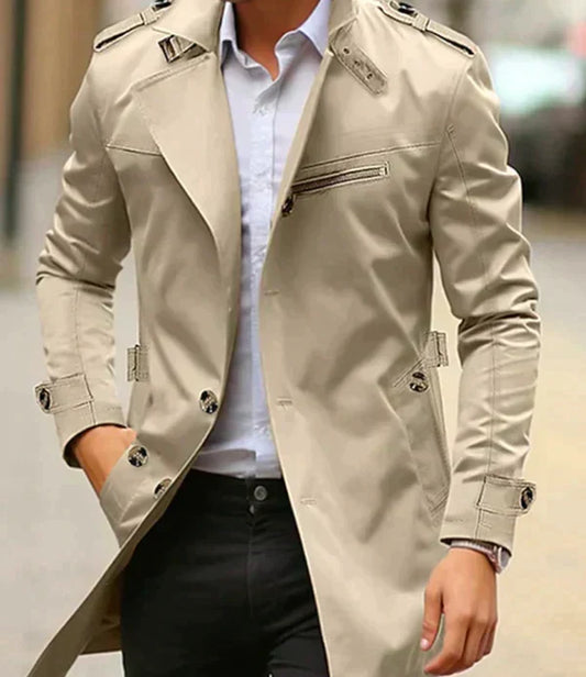 Men's long double-breasted trench coat with shoulder epaulettes and zip chest pocket