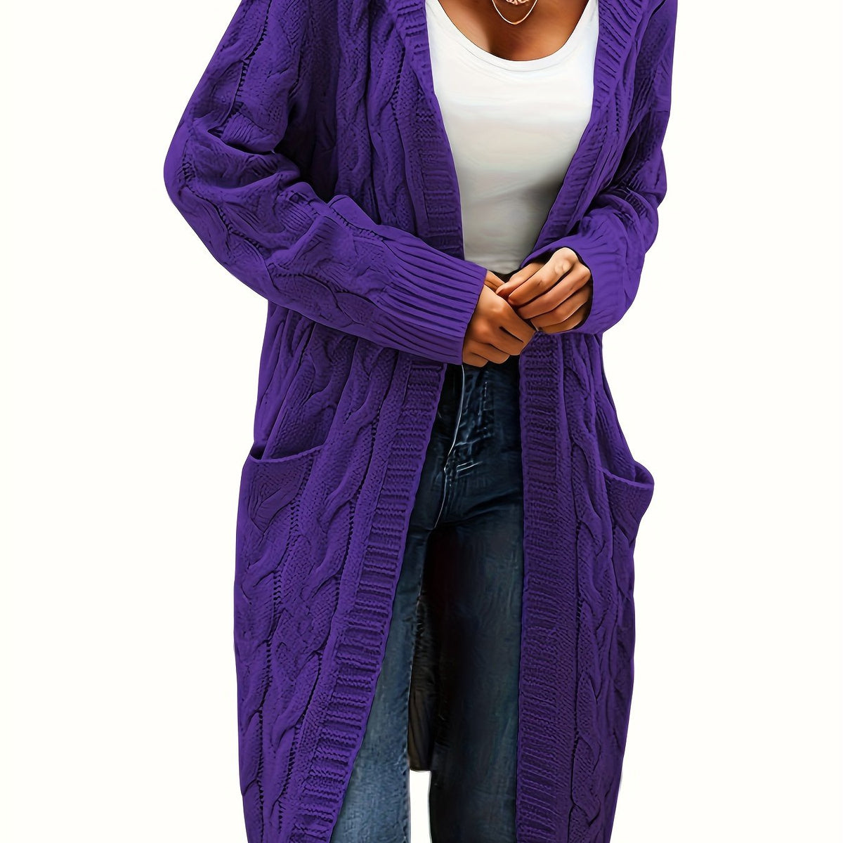 Women's long textured cable knit cardigan with open front and patch pockets