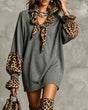 Women's grey sweater mini dress with leopard print tie collar and cuffs