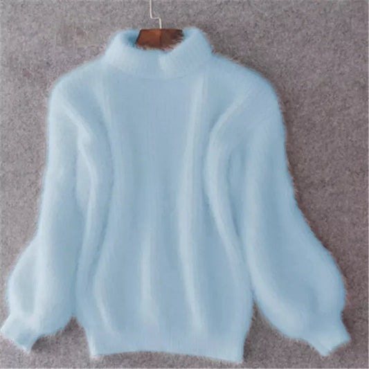 Women's mock neck sweater with long balloon sleeves and ribbed trims