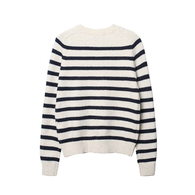 Women's cream and navy striped knit sweater with crew neck and long sleeves