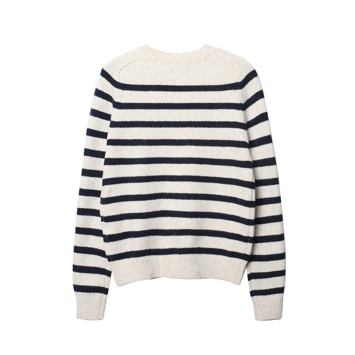 Women's cream and navy striped knit sweater with crew neck and long sleeves
