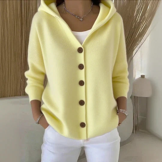 Women's hooded button cardigan with long sleeves and front pockets