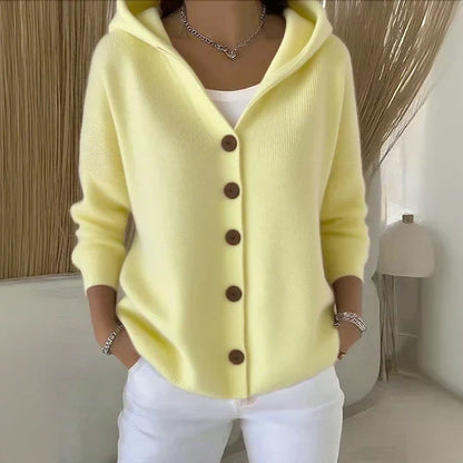 Women's hooded knitted cardigan with button front and long sleeves