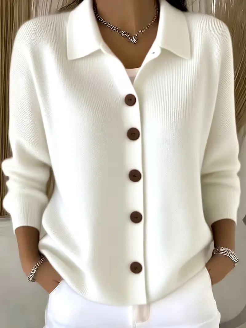 Women's textured button-front cardigan with pointed collar and long sleeves