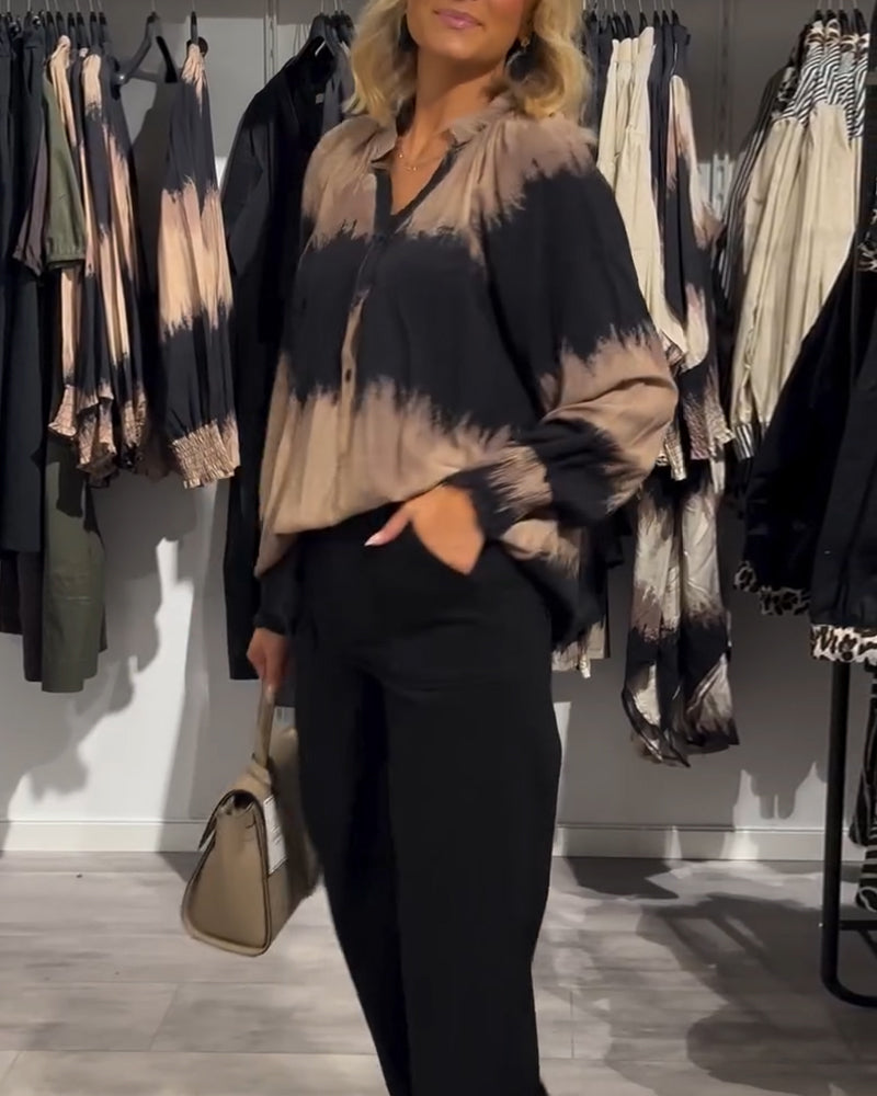 Women's brown and black tie-dye V-neck blouse with long sleeves and buttons