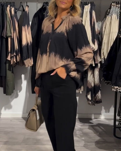 Women's brown and black tie-dye V-neck blouse with long sleeves and buttons