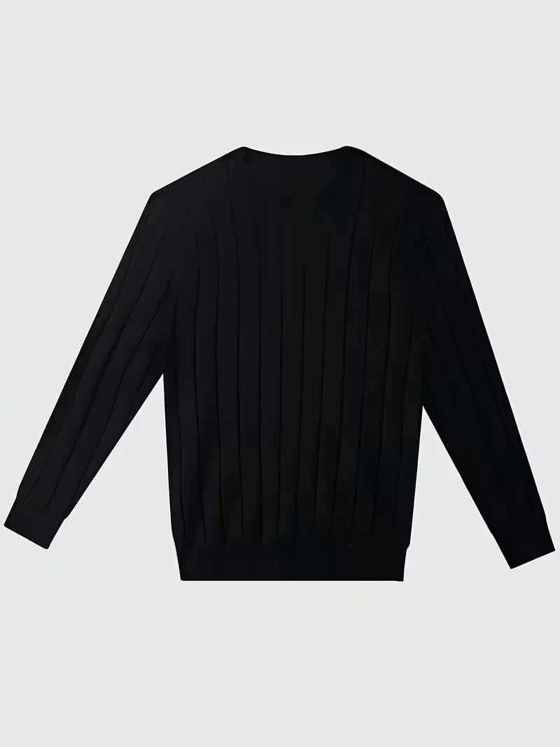 Men's long-sleeve ribbed crew neck sweater with vertical panels