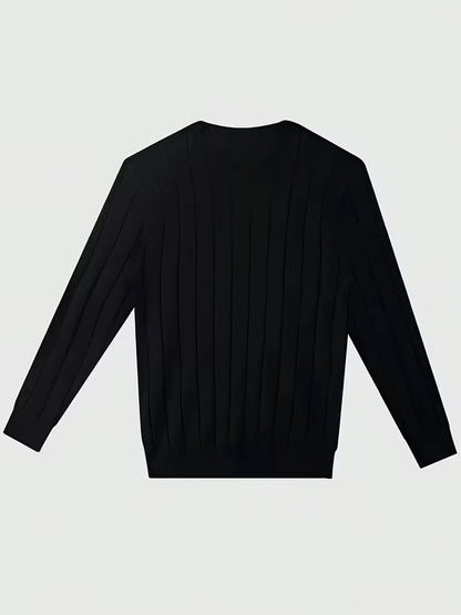 Men's long-sleeve ribbed crew neck sweater with vertical panels